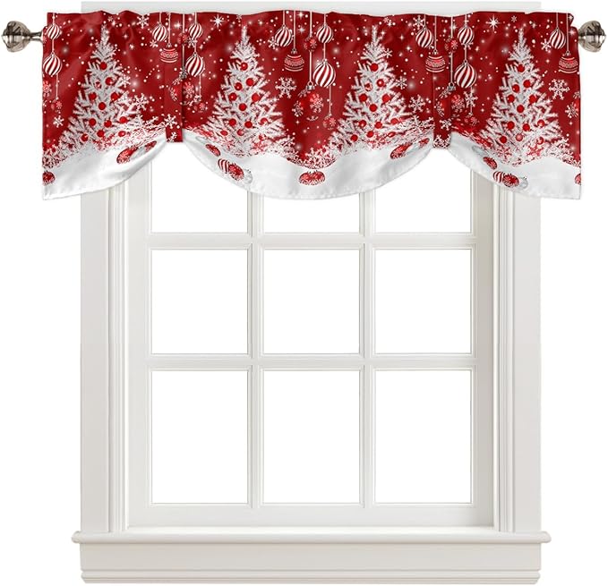 Red Christmas Blackout Tie Up Valance Curtains for Kitchen Windows White Xmas Tree Snowflakes Red Balls Window Toppers Balloon Shades for Living Room/Bathroom/Bedroom,1 Panel, 42" X 12", Winter
