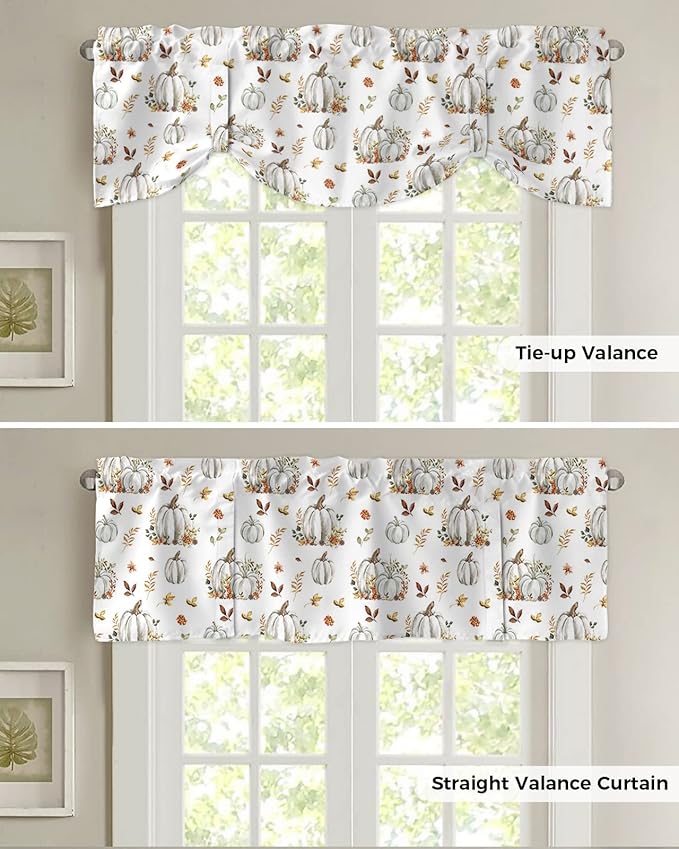 Fall Floral Leaves Blackout Tie Up Valance Curtains for Kitchen Windows Thanksgiving Pumpkins Window Toppers Balloon Shades for Living Room/Bathroom/Bedroom,1 Panel,54" X 18" Boho