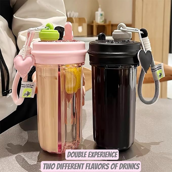 28oz Split Flask Tumbler 2 in 1 Mixed Drink Tumbler, Kawaii Cup With Storage Blender Water Bottle, Travel Camping Snack Slushie Cup With Straw (black)