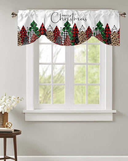 Merry Christmas Blackout Tie Up Valance Curtains for Kitchen Windows Buffalo Plaid Xmas Tree Winter Forest Farmhouse Window Toppers Balloon Shades for Living Room/Bath/Bedroom, 42" X 18", Red Green