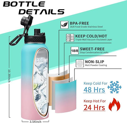 40 oz Insulated Water Bottle - Stainless Steel Water Bottles with Straw & Spout Lids, Paracord Handle, Carrier Bag with Strap, Protective Cup Mat, Keep Cold-48H & Hot-12H Metal Water Flask