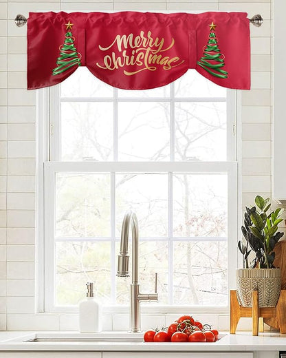 Merry Christmas Blackout Tie Up Valance Curtains for Kitchen Windows Christmas Tree Window Toppers Balloon Shades for Living Room/Bathroom/Bedroom,1 Panel,42" X 18" Winter Holidays