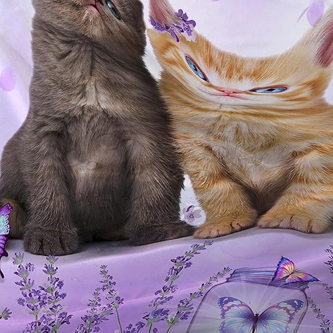 AILONEN Cartoon Cat Shower Curtain, Kawaii Kittens with Purple Flower Shower Curtain for Kids Girls Boys Bathroom Decor,Cute Pet Cat Lover Waterproof Shower Curtains Sets with Hooks,60" W*72" H
