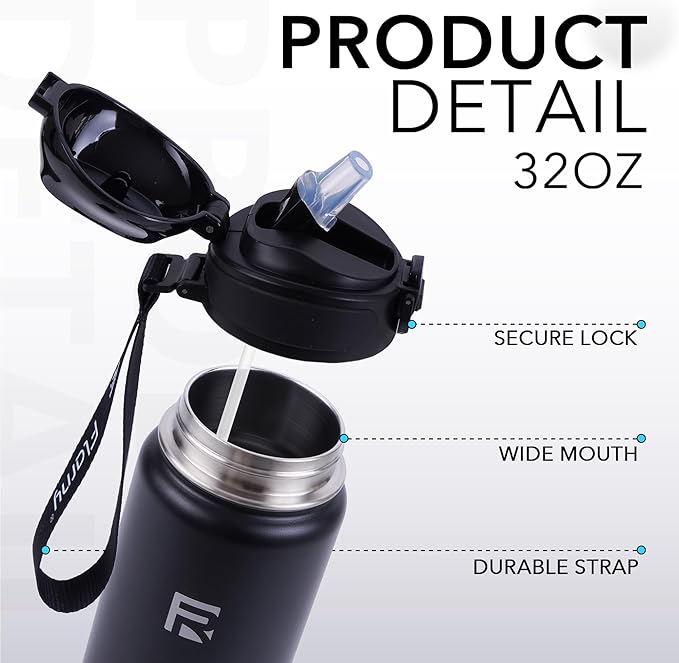 32 oz Insulated Water Bottle with Straw, Stainless Steel Metal Thermos Bottles, Durable Non-Slip Gradient Bottle with Strap for Sports and Travel, Leak Proof (Black Matte)