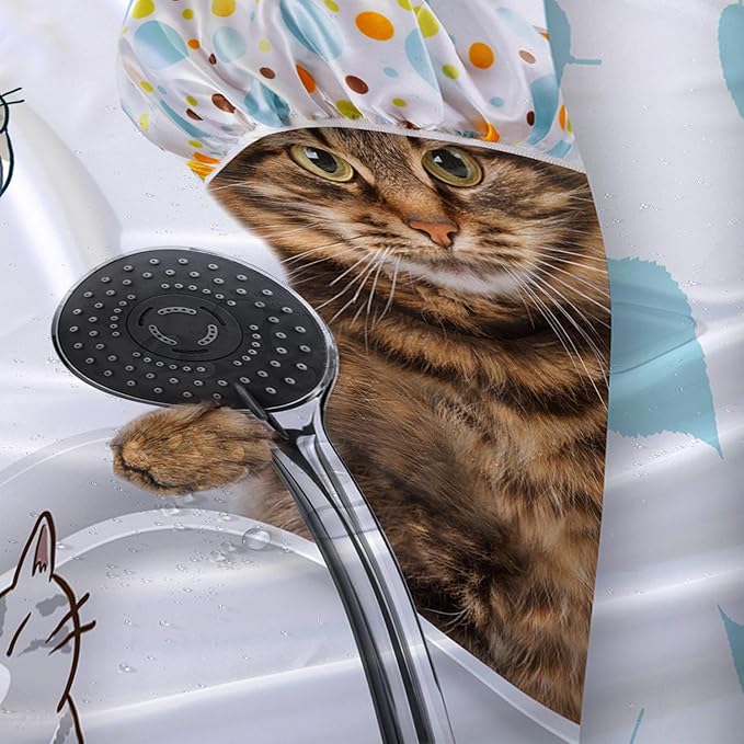 AILONEN Funny Cat with Shower Cap Shower Curtain for Kids 60" W*72" H Inch,Cute Cartoon Animals Bathroom Curtain,12 Pack Hooks Polyester Waterproof Fabric Decor for Bathroom,White