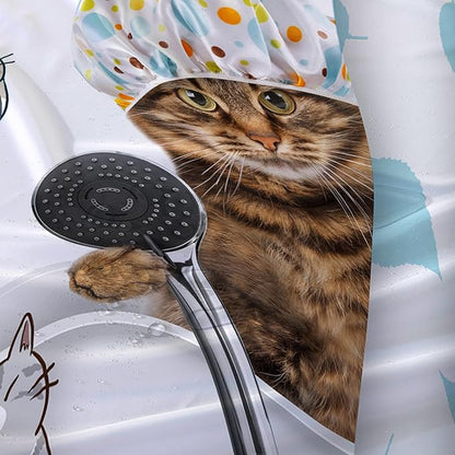 AILONEN Funny Cat with Shower Cap Shower Curtain for Kids 72" W*84" H Inch,Cute Cartoon Animals Bathroom Curtain,12 Pack Hooks Polyester Waterproof Fabric Decor for Bathroom,White