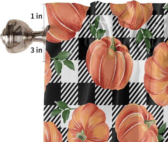 Fall Kitchen Curtains and Valances Set, Thanksgiving Halloween Pumpkins Small Windows Treatments Tiers Half/Short Curtains forCafe /Living Room/Bedroom 54x24 in, Farmhouse Black White Buffalo Plaid