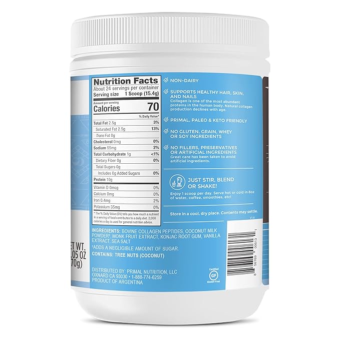 Primal Kitchen Vanilla Collagen Fuel® Drink Mix, Vanilla Coconut Collagen Peptides, No Sugar or Dairy, 13.1 Ounces