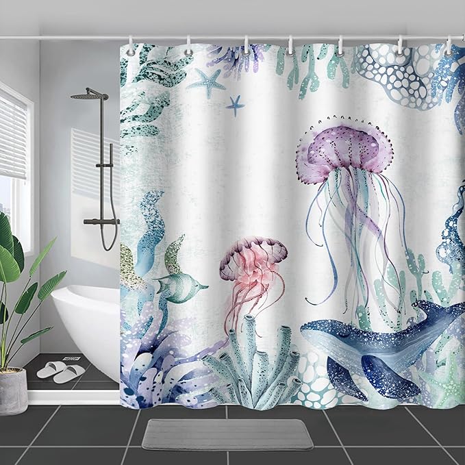 AILONEN Cartoon Jellyfish Shower Curtain for Bathroom Teal Blue Ocean Beach Coastal Bath Curtain Decor 36" W*72" H Polyester Fabric Waterproof Bathroom Curtain with Hooks