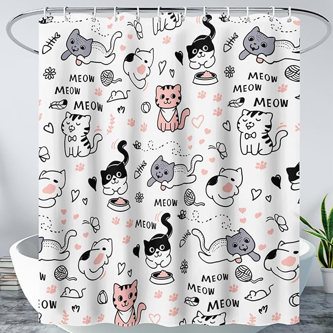 AILONEN Cat Shower Curtain, Cute Cat Cartoon Pet Cat Kitten Bathroom Curtain,Cat Paw Print Cat Lover Bath Curtain 48" W*72" H Polyester Waterproof Bathroom Curtain with 12 Hooks