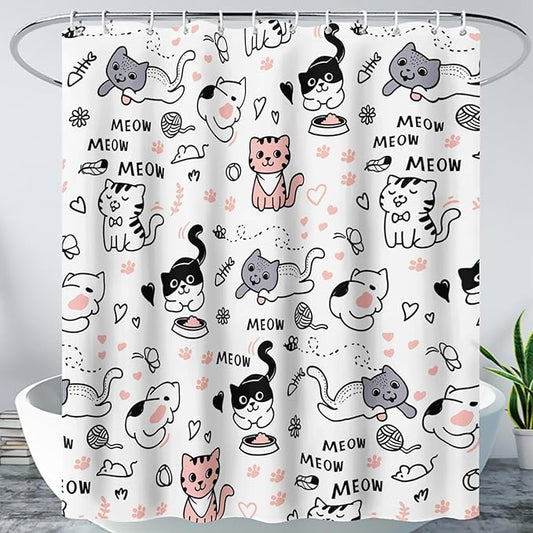AILONEN Cat Shower Curtain, Cute Cat Cartoon Pet Cat Kitten Bathroom Curtain,Cat Paw Print Cat Lover Bath Curtain 60" W*72" H Polyester Waterproof Bathroom Curtain with 12 Hooks