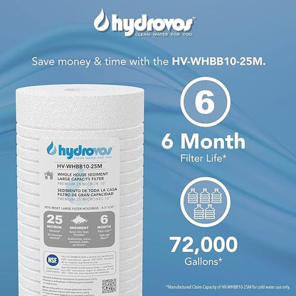 4.5 x 10 Inch Large Capacity Whole House Water Filter, NSF 42 Certified 25 Micron Sediment Filtration, Pack of 4
