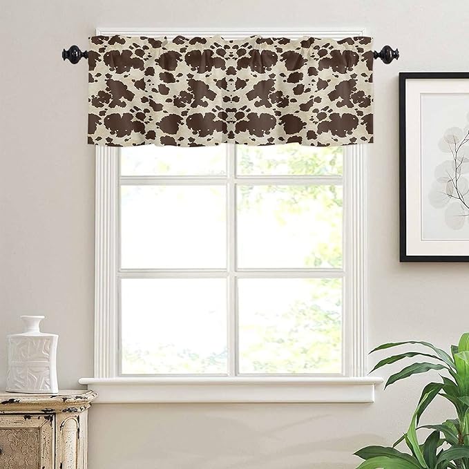 Cow Print Farmhouse Valances Kitchen Curtains for Window, Brown Graffie Print Rod Pocket Valances Beige Short Country Curtains for Bedroom Decor,54" X 18" -1 Panel