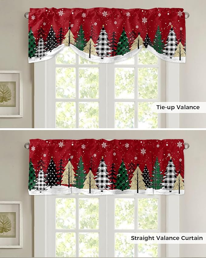 Red Merry Christmas Blackout Tie Up Valance Curtains for Kitchen Windows Green Christmas Tree Window Toppers Balloon Shades for Living Room/Bathroom/Bedroom,1 Panel, 54" X 18",White Snow Forest Winter