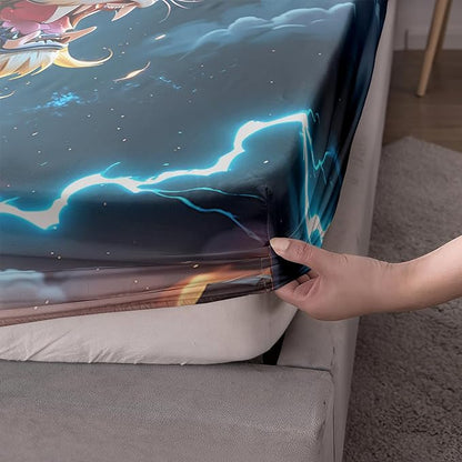 AILONEN Boys Lion Fitted Sheet Set Twin XL Size, Safari Animal Lion Blue Lightning 3 Pieces Printed Kids Bed Sheet Set,Wildlife Fitted Sheet with 2 Pillowcases