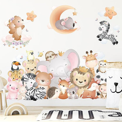 Cartoon Animal Wall Stickers Animal World Elephant Lion Zebra Tiger Giraffe Wall Decals for Kids Baby Nursery Playroom Bedroom Classroom Kindergarten Wall Decor