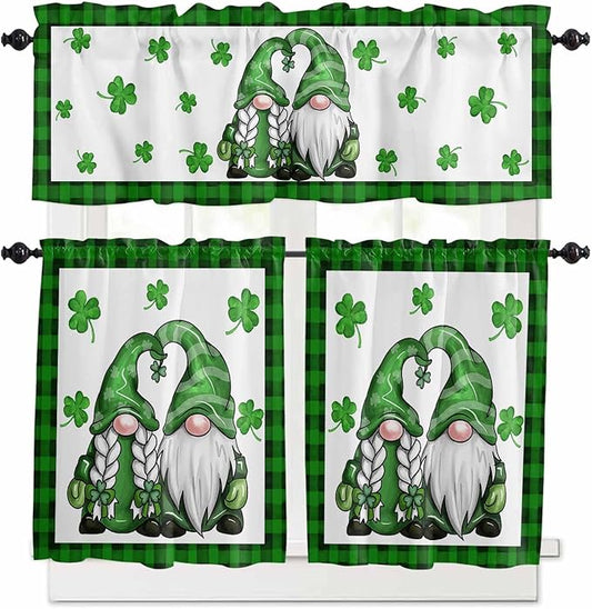 Gnome St. Patrick's Day Kitchen Curtains and Valances Set, Buffalo Plaid Shamrock Window Tiers Seasonal Spring Holiday Half/Short Curtains for Small Windows Cafe /Living Room/ Bedroom 54x 36 in