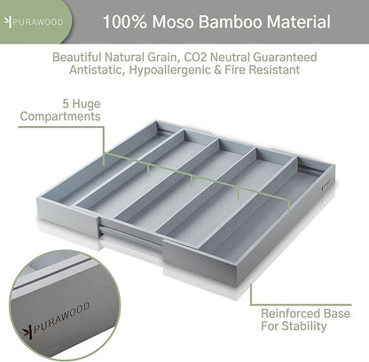 Purawood - Large Premium Bamboo Silverware Organizer - Expandable Kitchen Drawer & Utensil Organizer, 17" x 19.75" Cutlery Tray with Drawer Dividers for Kitchen Flatware (3-5 Slots) (Grey)