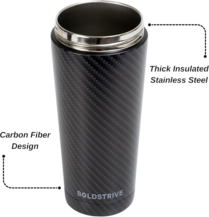Black Carbon Fiber Stainless Steel Shaker Bottle For Protein - Gym Water Bottle & Mixer Bottle - 24 Oz, Internal Measure, Rubber Bottom, and Brush - Leak Proof & BPA Free Metal Blender Bottle