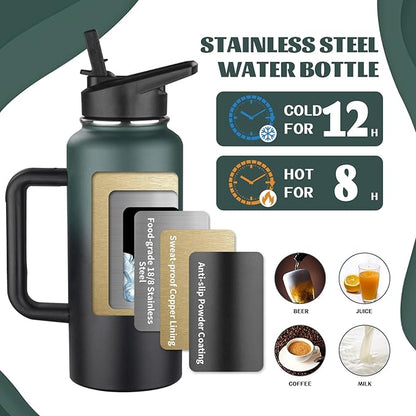 32oz Insulated Water Bottle with Handle, Stainless Steel Sports Metal Water Flask with Straw & 2 Leak Proof Lids, Double Walled Vacuum Wide Mouth Water Bottle for Travel,Camping,Gym (Dark Green Black)