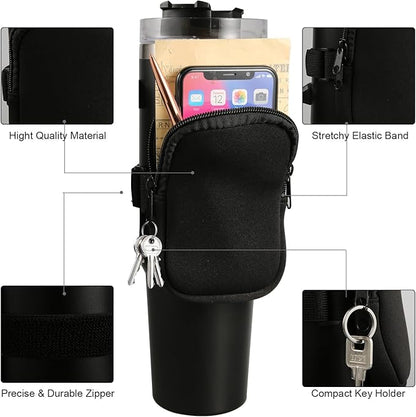 SAVITA Water Bottle Pouch for Stanley, Multifunctional Water Bottle Pouch Adjustable Gym Bottle Pouch for Stanley Quencher Adventure 40oz & Stanley IceFlow 20oz 30oz (Black)