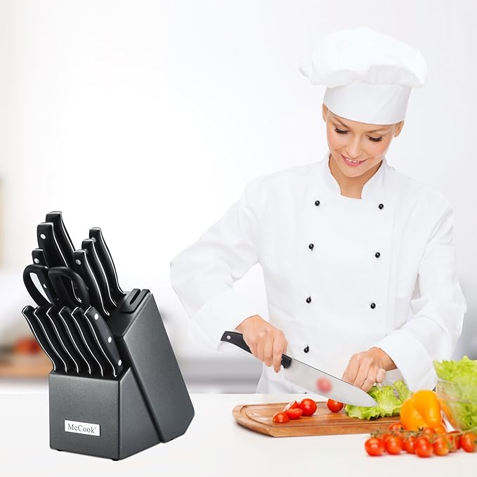 McCook MC39 14 Pieces Full Tang Triple Rivet Kitchen Knife Block Set with Built-in Sharpener and Kitchen Scissor, Black