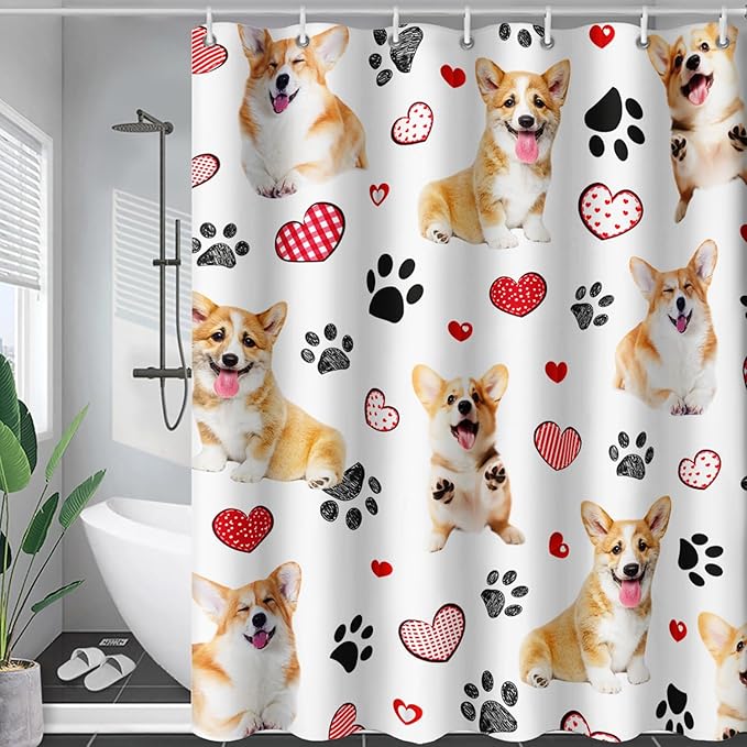 AILONEN Puppy Dog Shower Curtain for Bathroom,Cute Corgi Waterproof Bath Curtain,Pet Dog Kids Girls Dog Lover Curtain with 12 Plastic Hooks(48" W*72" H)