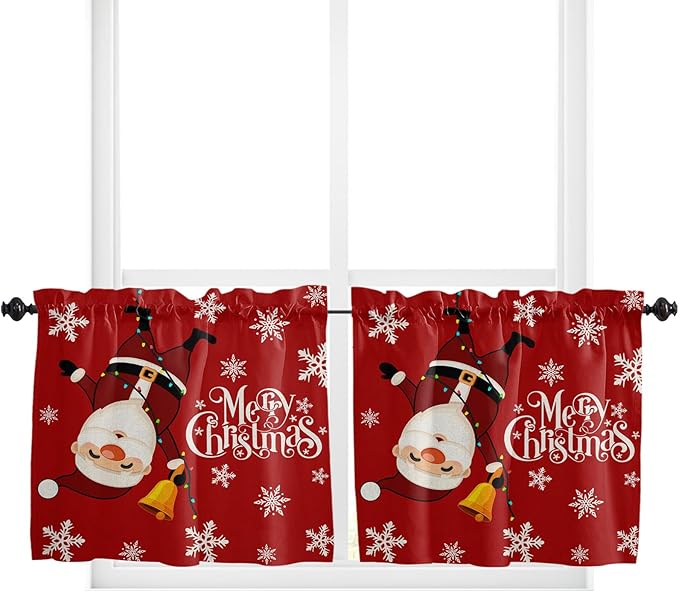 Red Merry Christmas Kitchen Curtains and Valances Set, Funny Hanging Santa Windows Treatments Tiers Half/Short Curtains for Small Windows Cafe /Living Room/ Bedroom 54x36 in Snow Winter Holiday