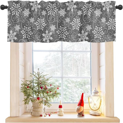 Christmas Valance Curtains for Kitchen Windows Grey White Snowflakes Pattern Rod Pocket Window Treatment Toppers for Kitchen/Living Room/Bedroom/Bathroom, 54" X 18", Winter
