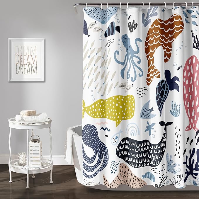 AILONEN Cartoon Dolphin Shower Curtain for Kids 72" W*78" H Inch,Colorful Whales Octopuses Pattern Shower Curtain,Marine Life Theme 12 Pack Hooks Polyester Waterproof Fabric Decor for Bathroom