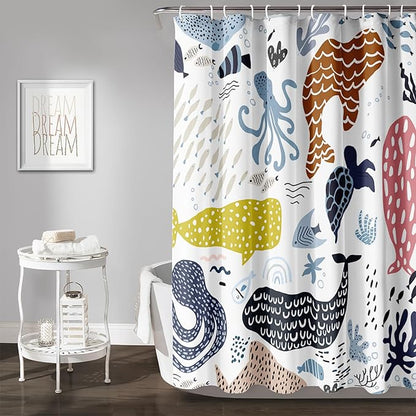 AILONEN Cartoon Dolphin Shower Curtain for Kids 60" W*72" H Inch,Colorful Whales Octopuses Pattern Shower Curtain,Marine Life Theme 12 Pack Hooks Polyester Waterproof Fabric Decor for Bathroom