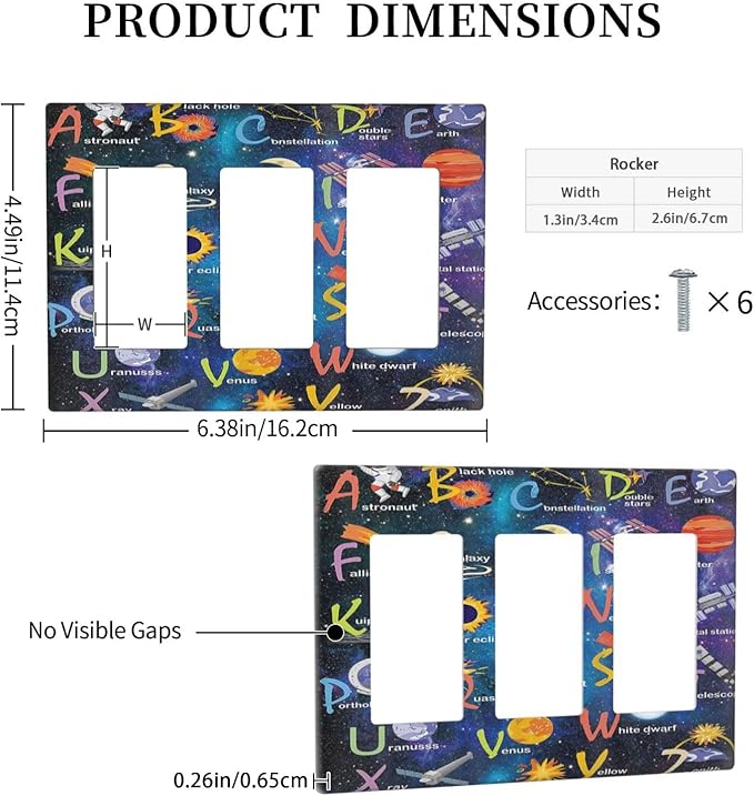 ABC Outer Space 3 Gang Rocker Light Switch Plate Alphabet Galaxy Educational Triple Decora Outlet Wall Plate Cover Faceplate Decorative Switchcovers GFCI for Kidroom Nursery Living Room Boyroom Decor