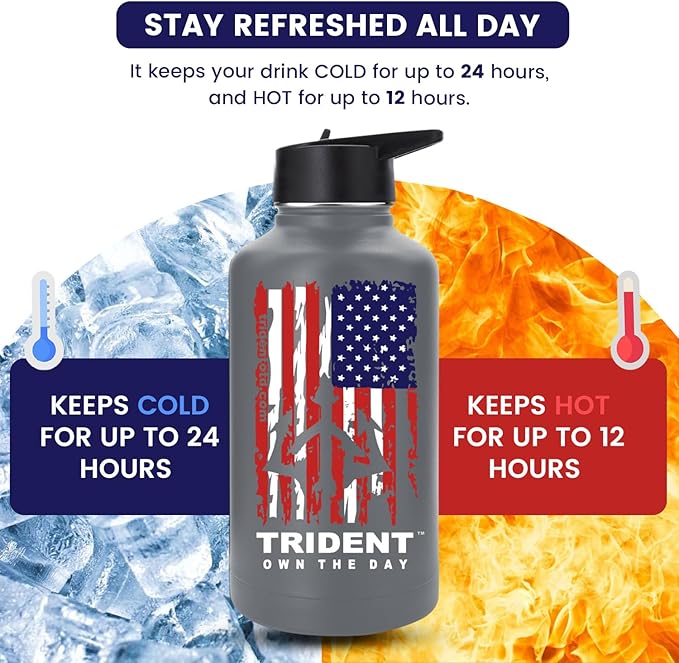 American Flag 64 oz Water Bottle, Reusable Water Bottle with Straw, Leak Proof Water Bottles, 64oz Insulated Water Bottle, Thermos Water Bottle - Retired Navy Combat Vet Small Business (Gray, 64 Oz)