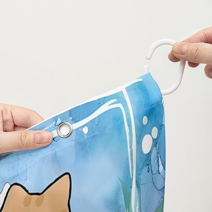 AILONEN Watercolor Cat Shower Curtain for Bathroom, Cute Cat Princess Shell Waterproof Bath Curtain,Cat Lover Minimalist White Curtain with 12 Plastic Hooks(60" W*72" H)