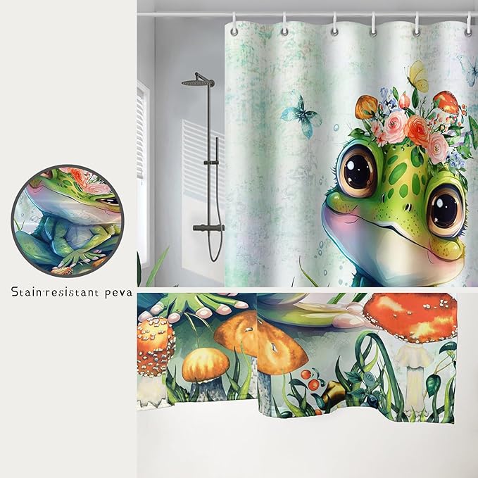 AILONEN Cute Frog Shower Curtain Cartoon Animal Wildlife Frog Cartoon Mushroom Minimalist Modern Art Retro Green Shower Curtain Bathroom Decor Curtains with 12 Hooks 72" W*84" H