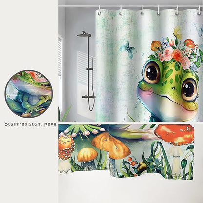 AILONEN Cute Frog Shower Curtain Cartoon Animal Wildlife Frog Cartoon Mushroom Minimalist Modern Art Retro Green Shower Curtain Bathroom Decor Curtains with 12 Hooks 60" W*72" H