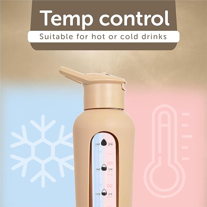 24oz Glass Motivational Water Bottle with Flip Lid Straw, Silicone Protective Sleeve, Handle, Reusable BPA Free (Dune)