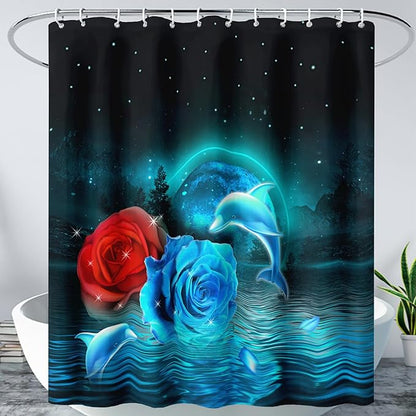 AILONEN Blue and Red Rose Shower Curtain,Cute Dolphin Shower Curtain for Bathroom Decor,72" W*96" H Polyester Waterproof Evening Starry Moon Flower Bath Curtain with 12 Hooks