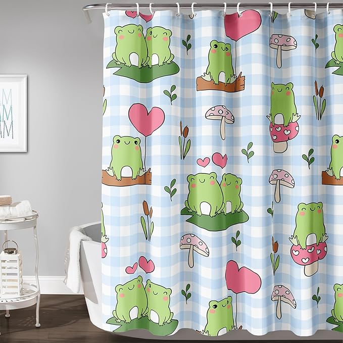 AILONEN Kawaii Frog Shower Curtain,Cute Cartoon Mushroom Frog Bath Curtain,Romantic Frog Couple Hearts Printed Waterproof Blue Stripe Curtain, 72" W x 72" H
