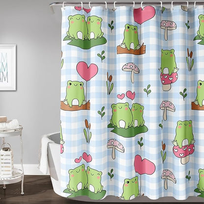 AILONEN Kawaii Frog Shower Curtain,Cute Cartoon Mushroom Frog Bath Curtain,Romantic Frog Couple Hearts Printed Waterproof Blue Stripe Curtain, 48" W x 72" H