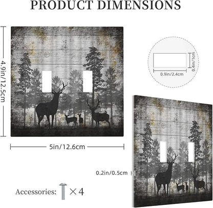 Rustic Deer Forest Vintage Wood Board Double Toggle Boho Light Switch Covers Decorative Country Unique 2 Gang Wall Plate Dual Electrical Faceplate Switchplate for Farmhouse Cabin Decor