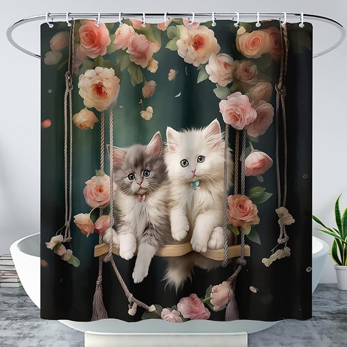 AILONEN Cartoon Beautiful Cat Shower Curtain, Kawaii Kittens with Flower Shower Curtain for Bathroom Decor,Cat Lovers Animal Waterproof Shower Curtains Sets with Hooks,72" W*96" H