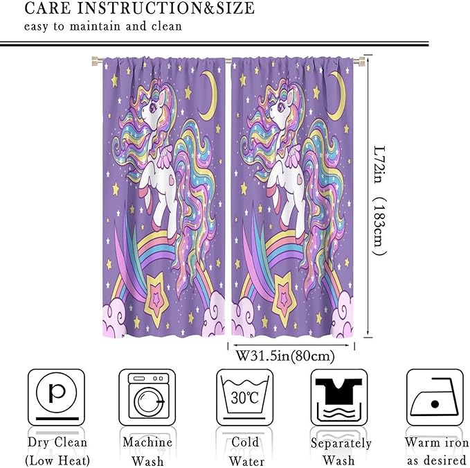Unicorn Curtains Fantasy Star Moon Cartoon Theme Curtains Cute White Unicorn Rainbow Design Printed Curtains Boys Girls Room Curtains 63x72 Inch 2 Panels