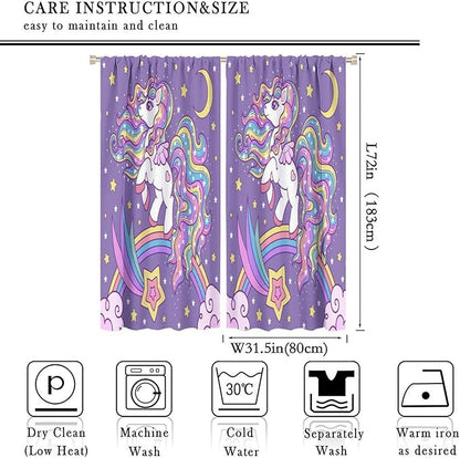 Unicorn Curtains Fantasy Star Moon Cartoon Theme Curtains Cute White Unicorn Rainbow Design Printed Curtains Boys Girls Room Curtains 63x72 Inch 2 Panels