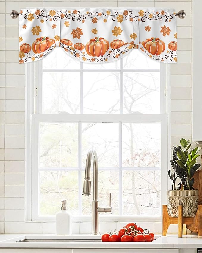Fall Maple Leaves Blackout Tie Up Valance Curtains for Kitchen Windows Thanksgiving Watercolor Pumpkins Window Toppers Balloon Shades for Living Room/Bathroom/Bedroom,1 Panel,54" X 18" Orange