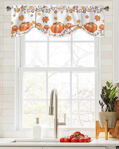 Fall Maple Leaves Blackout Tie Up Valance Curtains for Kitchen Windows Thanksgiving Watercolor Pumpkins Window Toppers Balloon Shades for Living Room/Bathroom/Bedroom,1 Panel,42" X 18" Orange