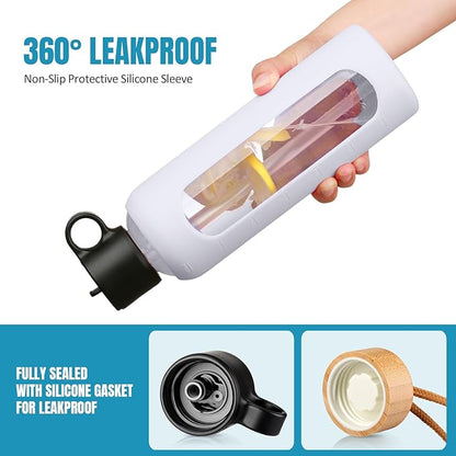 24oz Glass Water Bottle With 2 Lids-Flip Straw Lid, Bamboo Lid, Glass Water Bottle With Silicone Sleeve, Motivational Time Marker, Glass Juice Bottle for Cold Drink,White