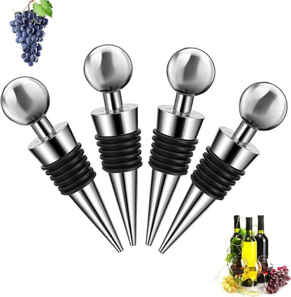 4 Set Wine Stoppers Vacuum Aluminium Silicone Wine Bottle Stopper Reusable, Leak-Proof Wine Corks Caps for Bar, Party, Camping, And Wedding