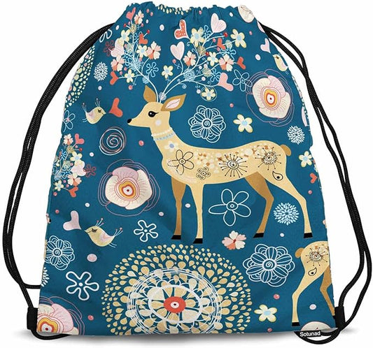 Drawstring Bag Fabulous Deer Waterproof Basketball Bag Wear Pearl Necklace Beautiful Flower Cute Birds Stroage Small Exercise Accessiors Water Bottle Change of Clothes Shoes Ball