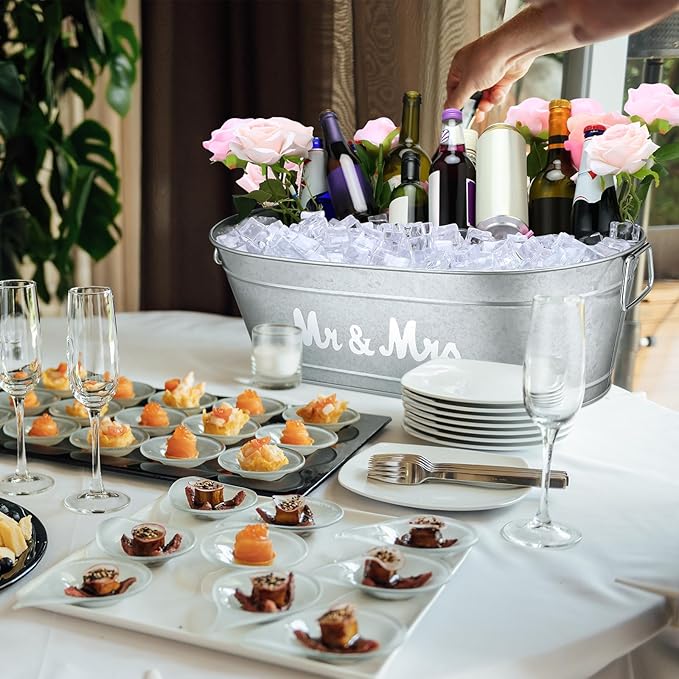 2 Pcs Wedding Mr and Mrs 5.5 Gallons Galvanized Beverage Stainless Steel Ice Buckets Tubs with Handles, Large Drink Wine Cooler Bins for Parties Farmhouse Garden Bar Christmas (Mr and Mrs)